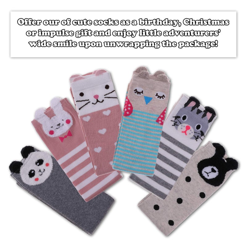 FNOVCO Girls Knee High Socks Kids Crazy Fun Gift Cute Animal Patterns Cotton Long Socks 6 Pairs (3 Pairs Animal) - Image 2